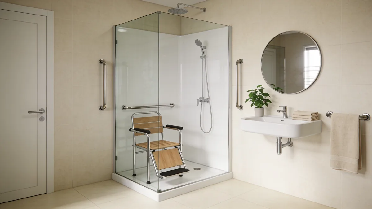 Salle de bain senior avec une douche à l'italienne équipée d'une chaise de douche, barres d'appui et lavabo